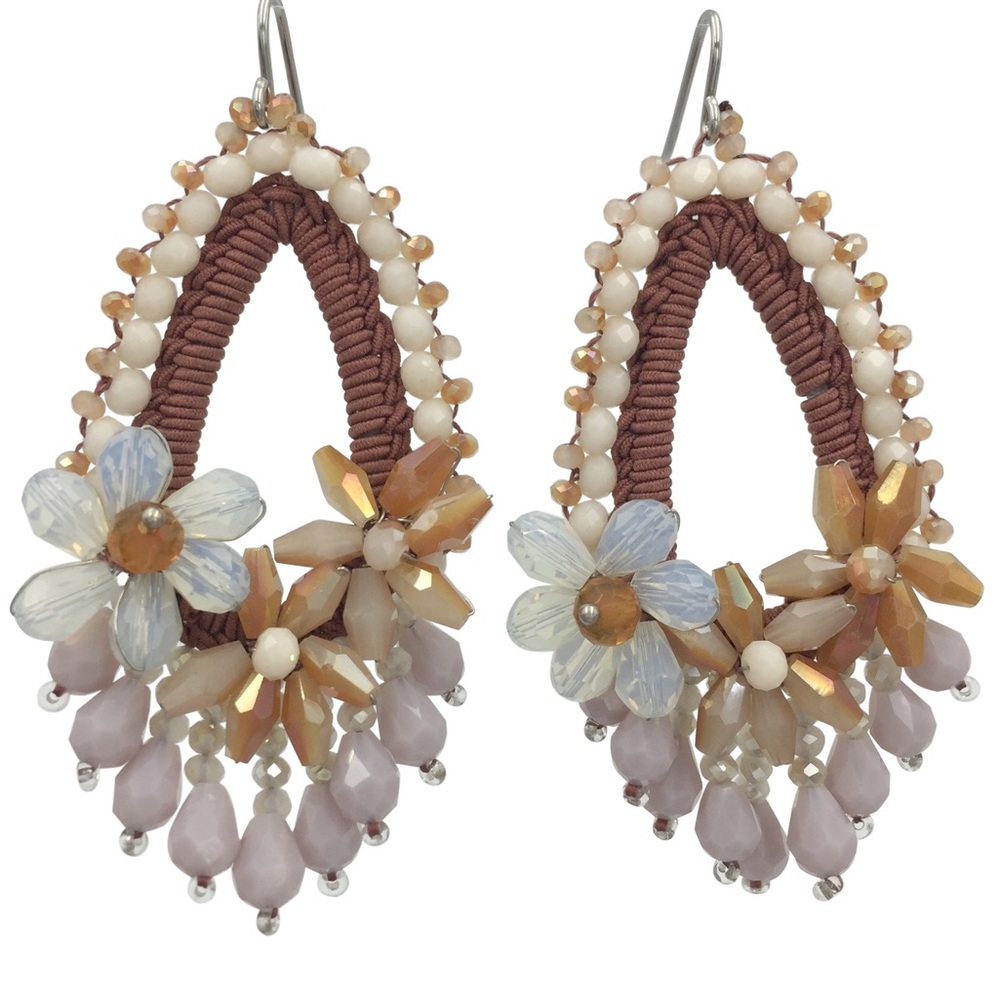 Handmade Brown Tones Glass Beaded Teardrop Flower Dangle Earrings